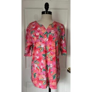 APPLESEED'S Pink Hibiscus Print Tee Shirt Blouse Top Cotton Womens M